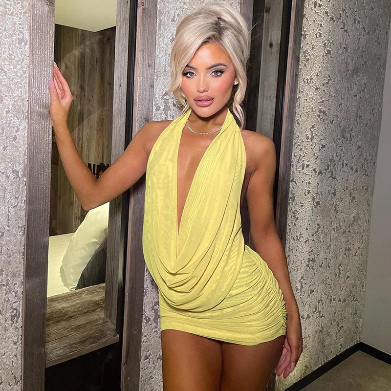 HLJ&GG Sexy Ruched Halter Deep V Mini Skirts Two Piece Sets Women Sleeveless Backless Lace Up Crop Top+Skirts Outfits Streetwear
