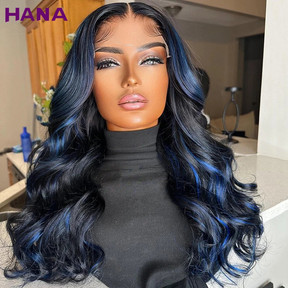 Ombre Blue Human Hair Wigs HD 13x6 Lace Frontal Wig Highlights Blue Brazilian Body Wave Bleached Knots Remy 5x7 Lace Closure Wig