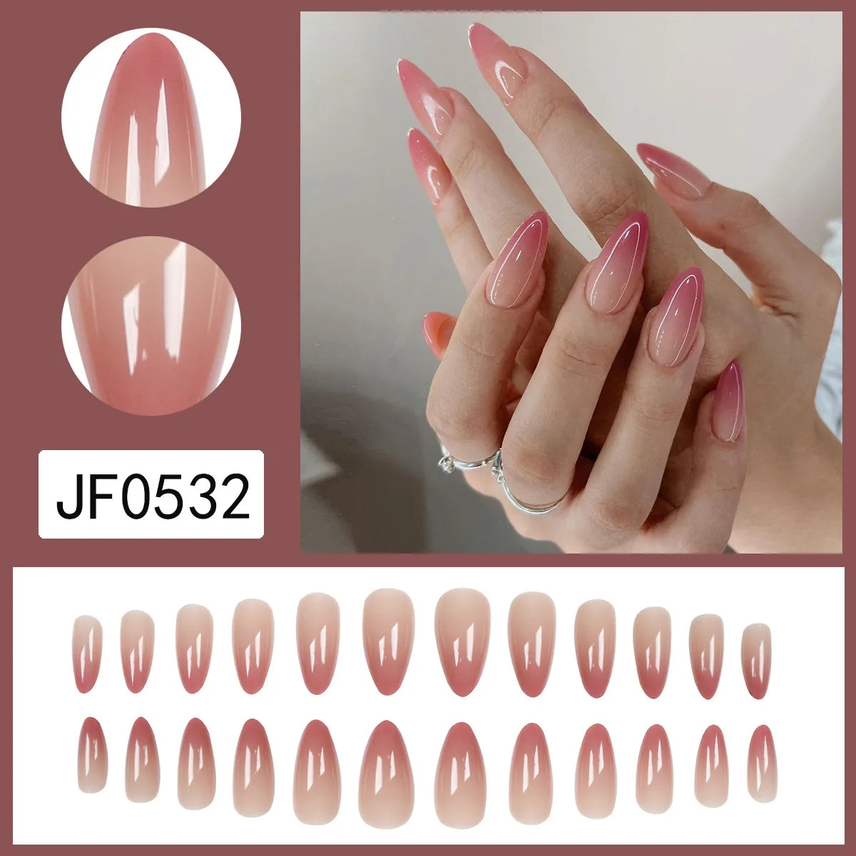 Ins Sweet Gradient Pink False Nail Patch Almond Glossy Korean Style Fake Nail Wearable 24pcs Artificiall Nails Free Shipping