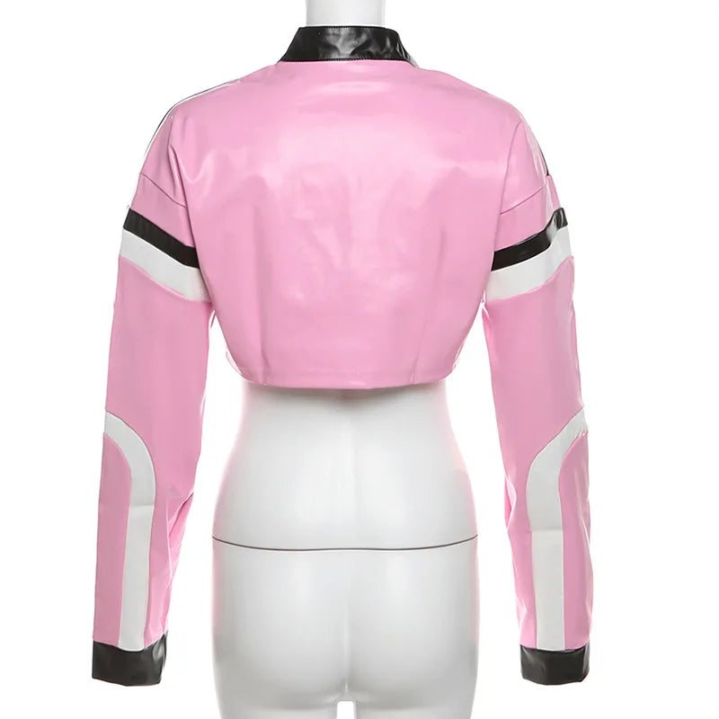 HLJ&GG Fashion Y2K Leather Jacket 3 Piece Sets Women Letter Print Zipper Long Sleeve Crop Top+Bodysuits+Shorts Outfit Streetwear