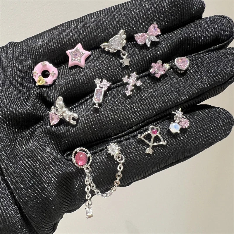 1PCS Cute Pink Zircon 316L Stainless Steel Ear Bone Nail New Fashion Y2K Punk Small Earring for Women Cochlea Jewelry Party Gift