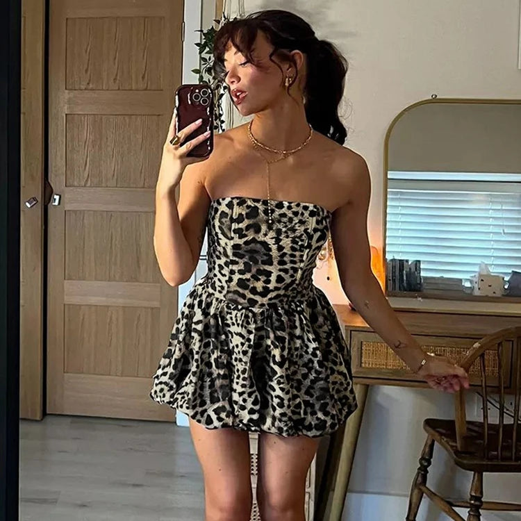 STYLISH LADY Leopard Printed Bud Dress 2025 Spring Strapless Backless Patchwork Sexy Club Party Mini Vestidos De Festa