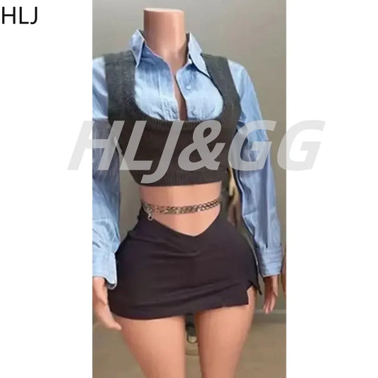 HLJ&GG Autumn Knit Vest Shirts Two Piece Sets Women Lapel Button Long Sleeve Top And Mini Skirts Outfits Fashion Retro 2pcs Suit