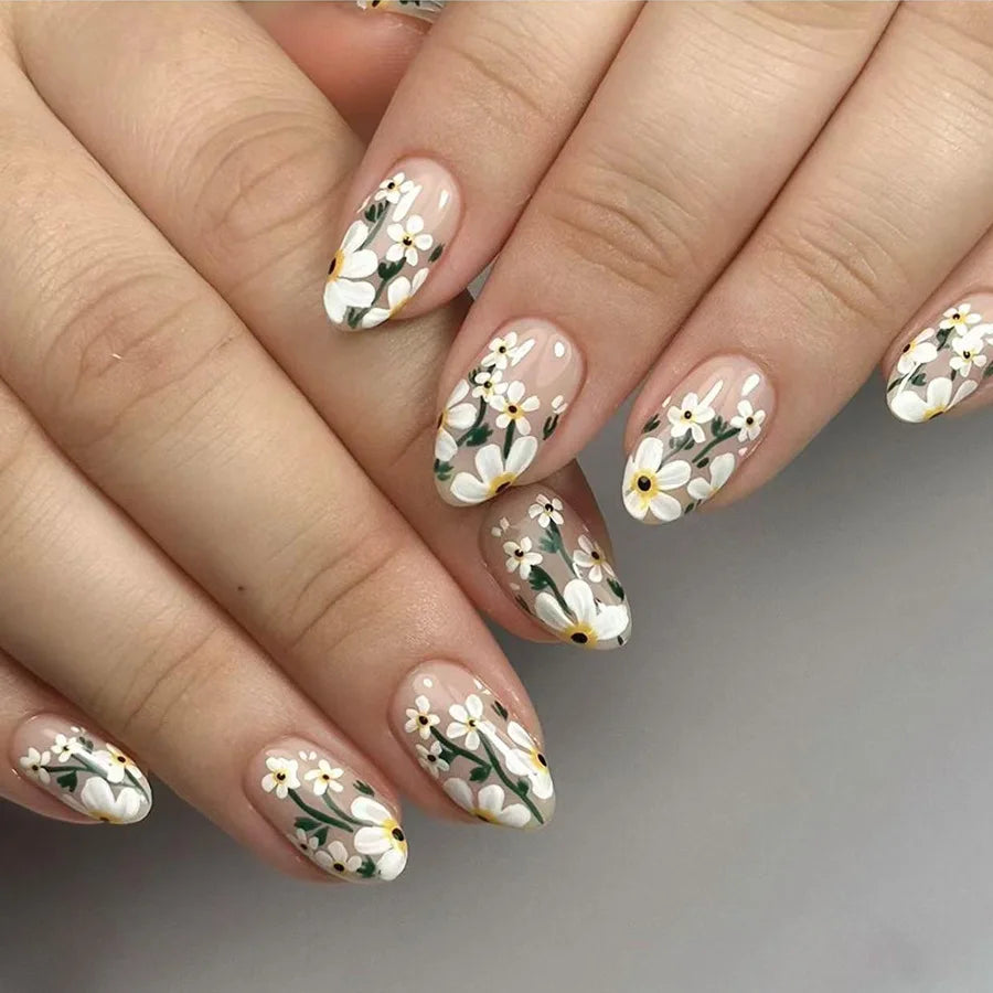 24Pcs Fairy White Flower Fake Nails Pink French Tip Press on Nails Short Square Wearable False Nail for Girls DIY