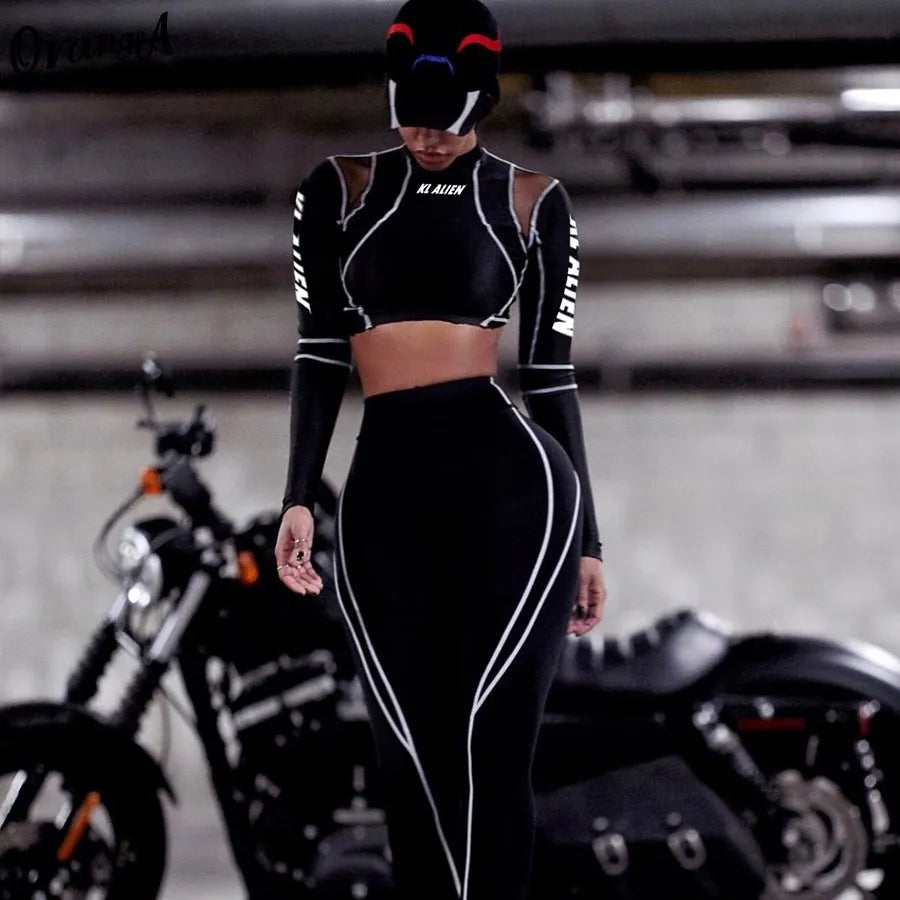 Weird Puss Women Tracksuit Letter Print 2Piece Set Fitness Full Sleeve Crop Top Elastic Leggings Activewear Casual Slim Outfits