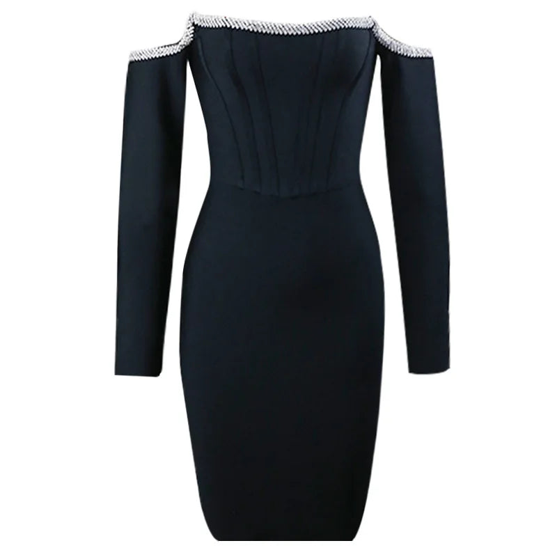 Dress Long Sleeve Black Fishbone Dress, Rhinestone Sexy Off Shoulder Bodycon Party Dress Short Elegant Lady's Party Dresses