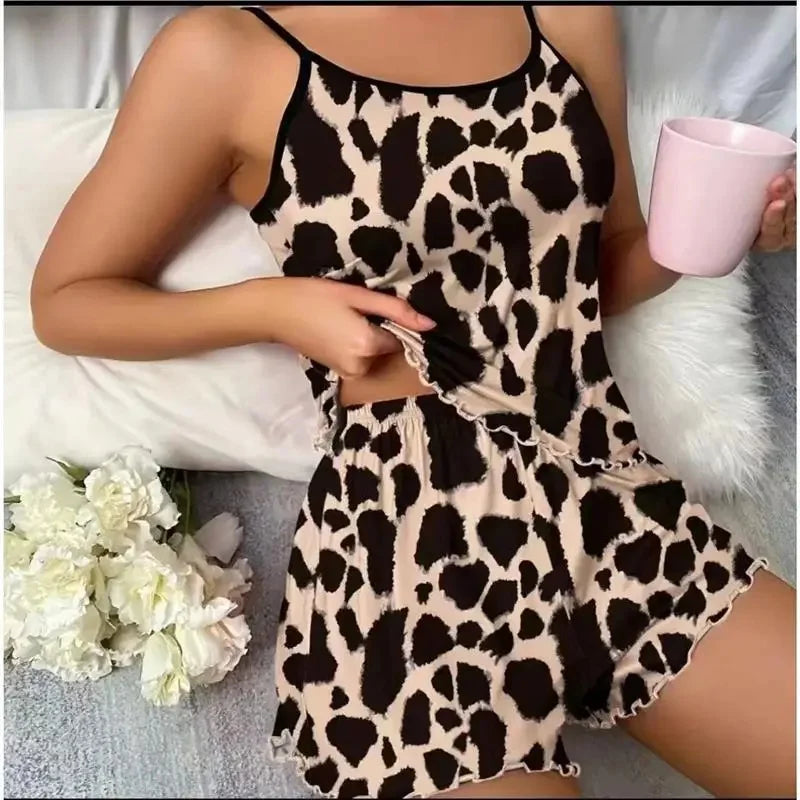 Sexy Summer Women's Sleepwear Two-Piece Set Strap Home Clothes Short Pants Casual Vest Home Comfortable Breathable Nightgown