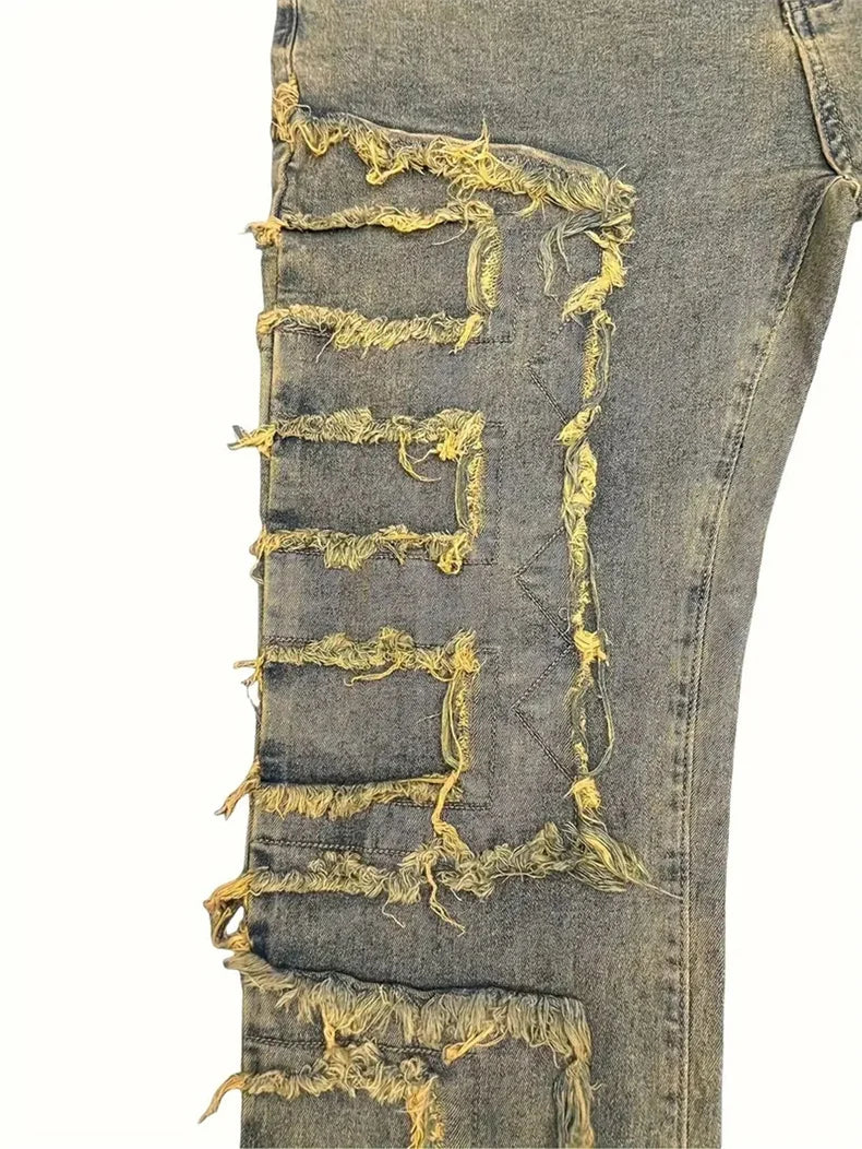 Casual Distressed Men's Jeans Tassels Patchwork Design Vintage Washed Stretch Denim Pants Straight Fashion Streetwear Trousers