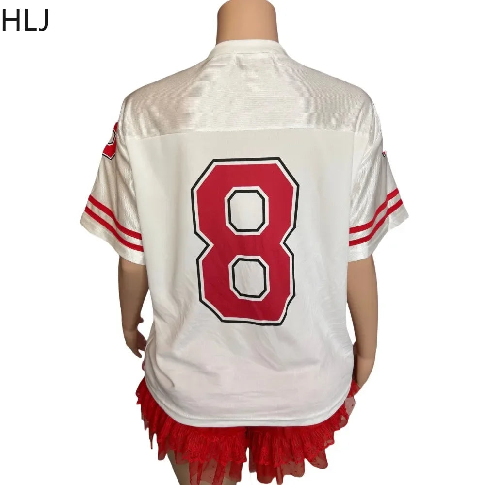HLJ&GG Fashion Letter Print Loose Tshirts Two Piece Sets Women V Neck Top And Mesh Stacked Shorts Outfit Female Streetwear 2024