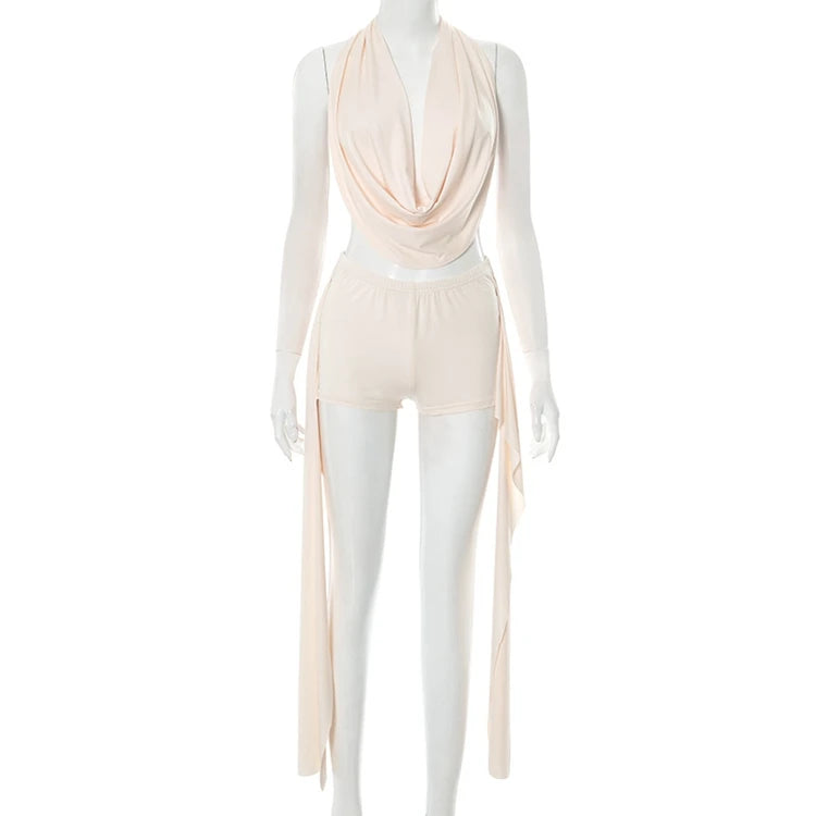 STYLISH LADY Nude Ribbon 2 Piece Set Women Halter Backless Crop Top and Shorts Suits 2025 Summer Sexy Club Hollow Out Outfits