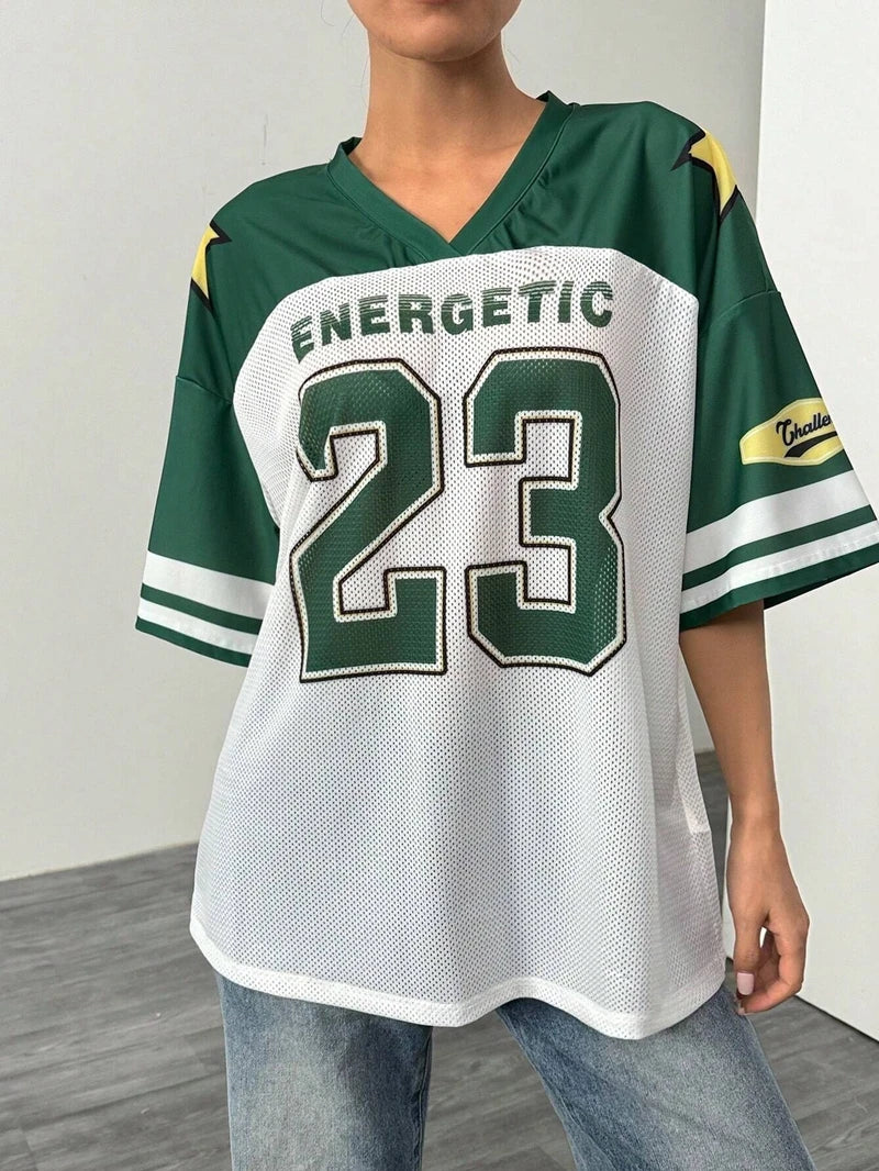 STYLISH LADY Letter Number Printed T Shirts 2025 Summer Women Short Sleeve V Neck Casual Loose Hip Hop Tops Tees