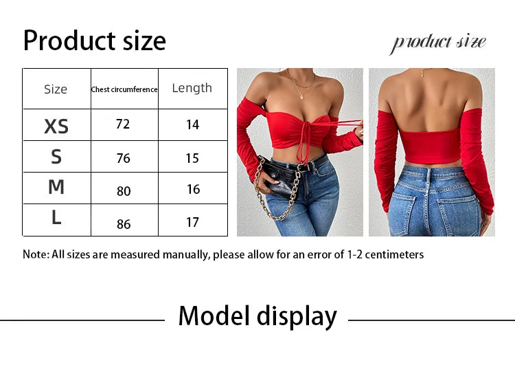 Sexy Ruched Crop T-Shirt - Off Shoulder, Long Sleeve, Drawstring Front, Flattering Fit, Clubwear, Night Out, Fashion Clot