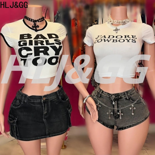 HLJ&GG Summer New Letter Print Tshirts Two Piece Sets Women O Neck Short Sleeve Crop Top And jeans Mini Skirts Outfit Streetwear