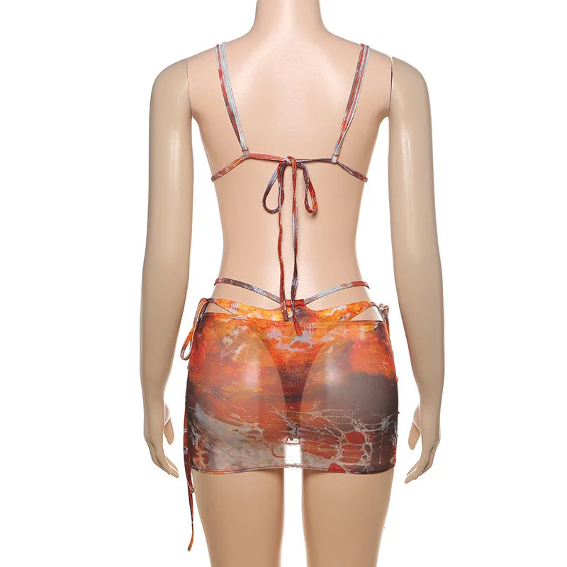 HLJ&GG Sexy Printing 2 Piece Sets Woman Outfits Spaghetti Strap Crop Bra Top+Bikini Shorts + Skirt Matching Suit Female Holiday