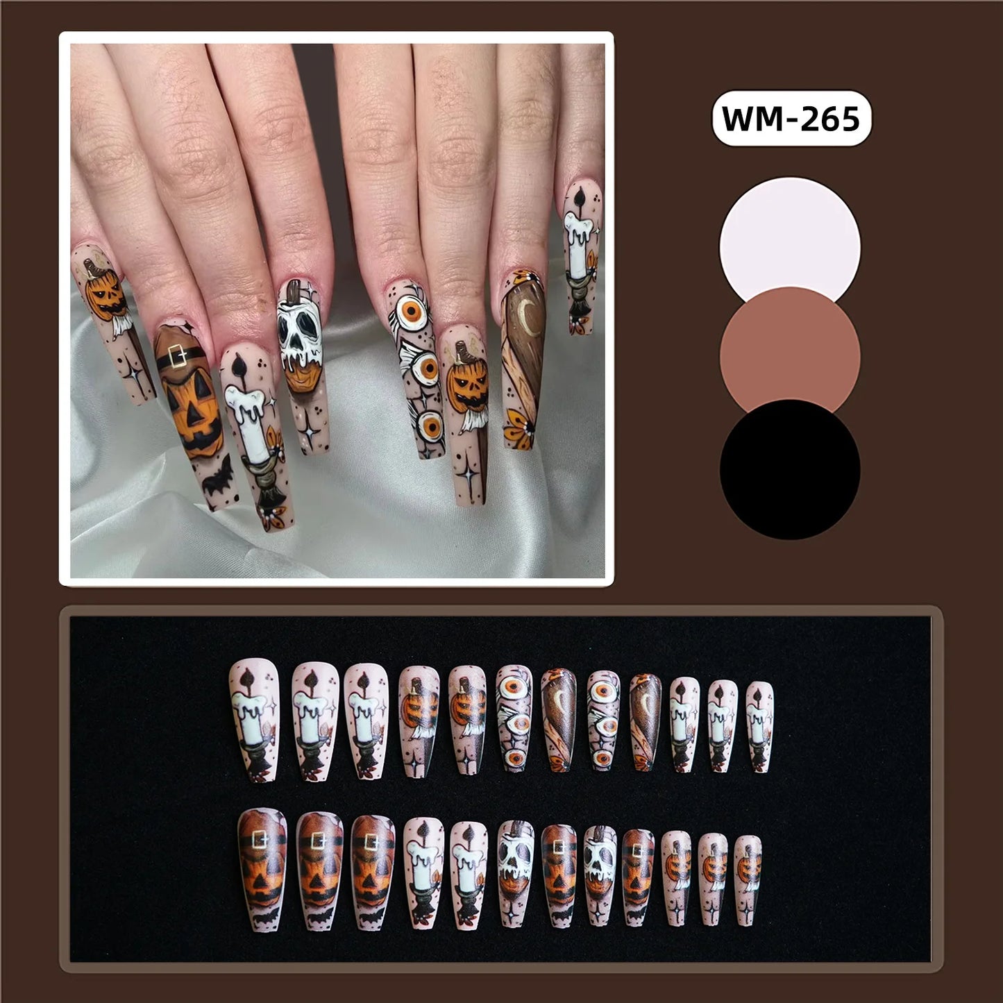 24pcs Halloween False Nails Ghost Witch Pumpkin Print Fake Nails Tips Wearable Detachable European Long Ballet Press on Nails