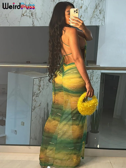Weird Puss Gradient Backless Dress Women Halter See Through Ruched Summer Trend Split Long Bodycon Coquette Bandage Vestidos