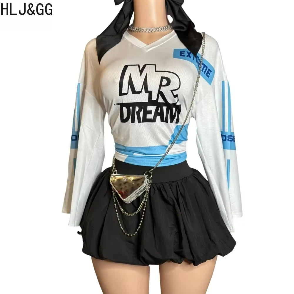 HLJ&GG Y2K Letter Print Mesh Two Piece Sets For Women V Neck Long Sleeve Top + Puffy Mini Skirts Outfits Fashion 2pcs Streetwear