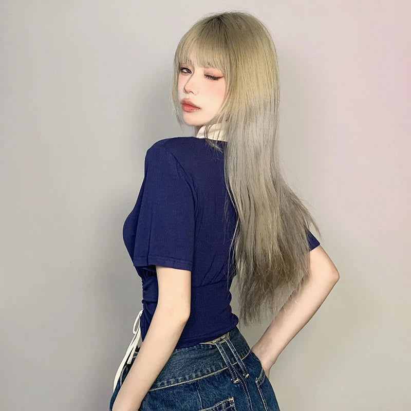Women Designer Sweet Spicy Style Clothes Lady Drawstring Tie Up Crop Tops Female Turndown Collar Graphic Short Sleeved T-shirts