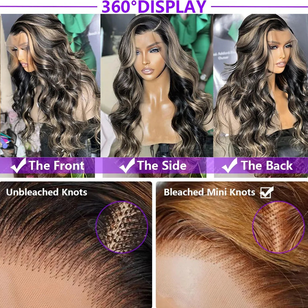 1B/27 Balayage Highlight Body Wave Wig Human Hair 30 Inch 13x4 HD Lace Frontal Wig Ombre Blonde Highlight Brazilian Hair Wigs