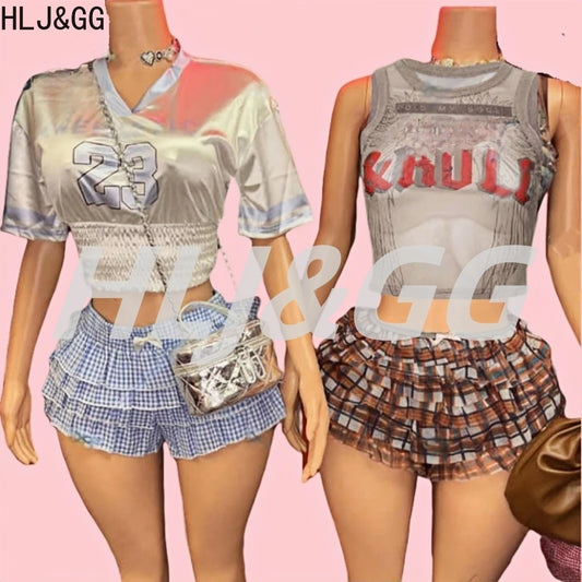 HLJ&GG Summer New Letter Y2K Streetwear Women V Neck Short Sleeve Slim Crop Top And Ruffle Plaid Shorts Two Piece Sets Outfits