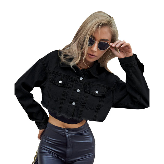 Women Clothing Single Breasted Denim Coat Long Sleeve Turn Down Washed Jackets Loose Fit Cardigan Streetwear Solid Pockets