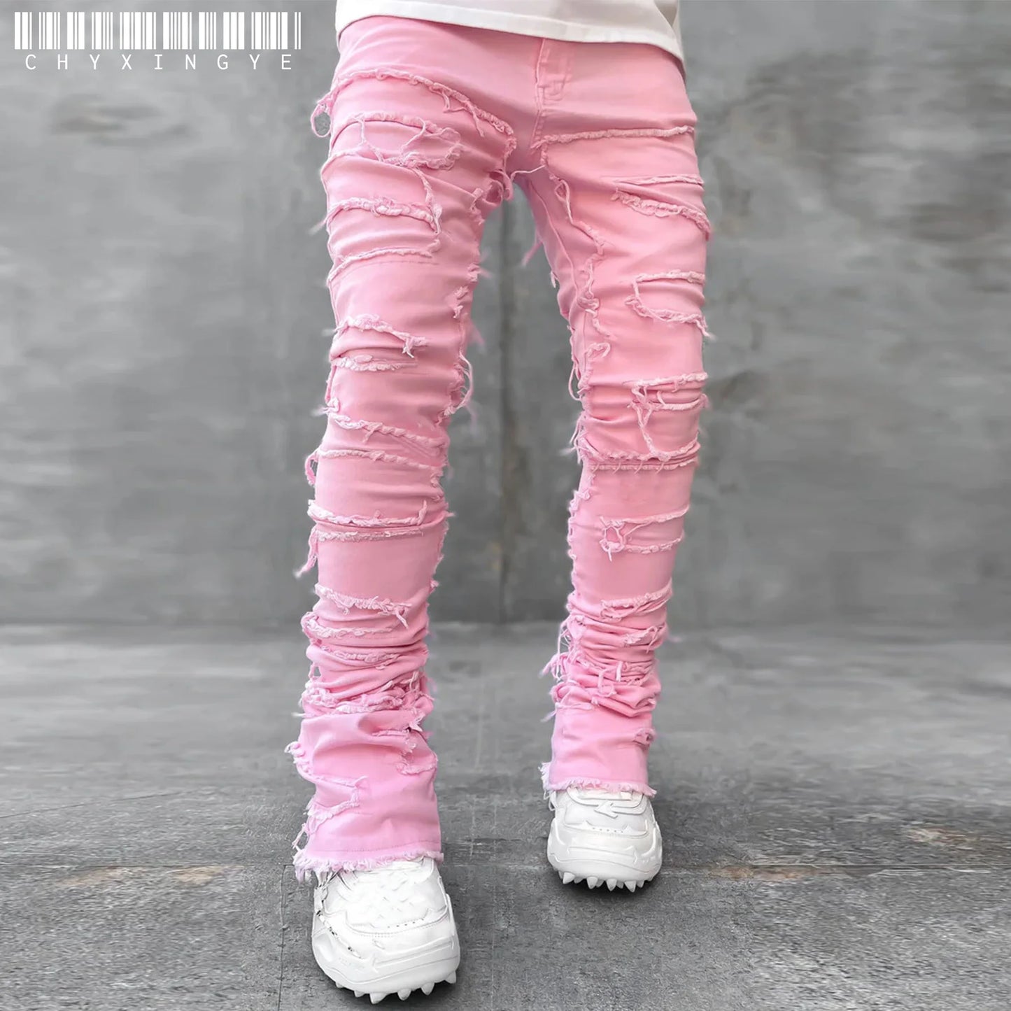 2025 New Men's Stacked Jeans Stretched Patchwork Tassel Damaged Denim Full Length Pants Hip-pop Trousers For Male