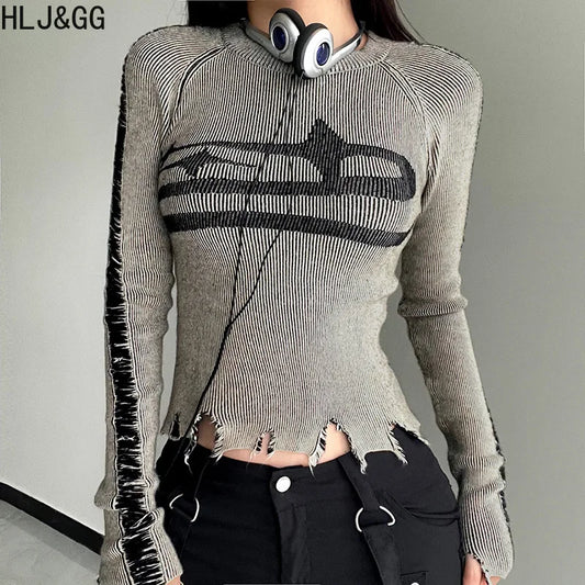 HLJ&GG American Vintage Style Women Knitting Print Long Sleeve Slim Top And Mini Pleated Skirts Outfits Fashion Y2K 2pcs Clothes