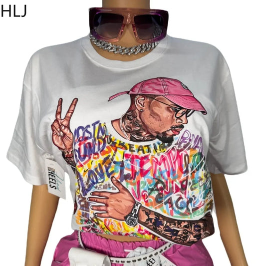 HLJ&GG Y2K Retro Avatar Pattern Printing Two Piece Sets Women O Neck Loose Tshirts+Drawstring Leather Shorts Outfits Streetwear