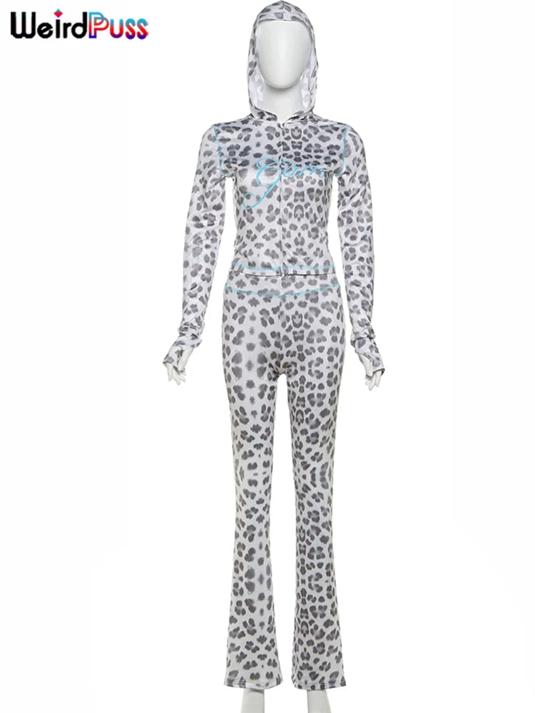 Weird Puss Leopard Contrast Letter Print 2 Piece Set Women Hooded Full Sleeve Crop Jacket+Skinny Stretch Flare Pants Trend Suits