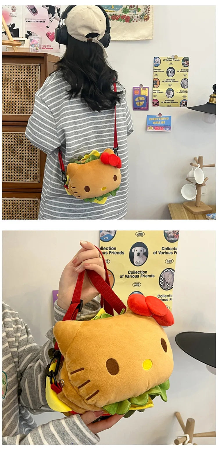 Hello Kitty Kawaii Hamburger Plush Mini Crossbody Bag Adorable Shoulder Purse for Teen Girls Kawaii Fashion Shoulder Bagfor Girl