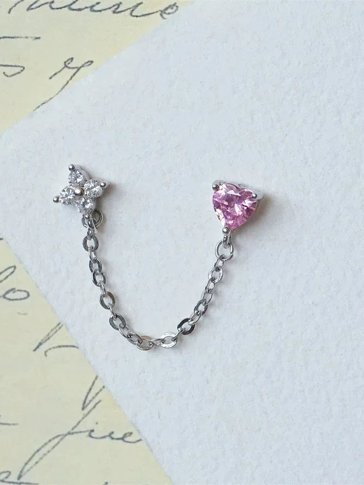 1PCS Pink Love Heart Chain Double Ear Hole 316L Stainless Steel Ear Bone Nail Y2K Fashion Hottie Earrings for Women Jewelry