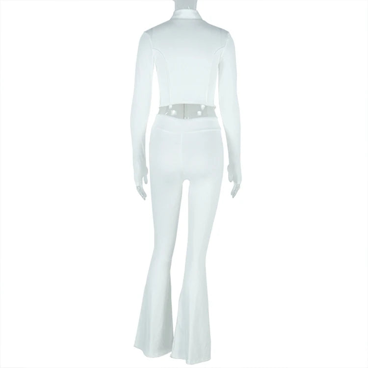 STYLISH LADY Solid Color Sporty 2 Piece Set Women Long Sleeve Crop Top and Flare Pant Suits 2025 Summer Casual Fitness Tracksuit