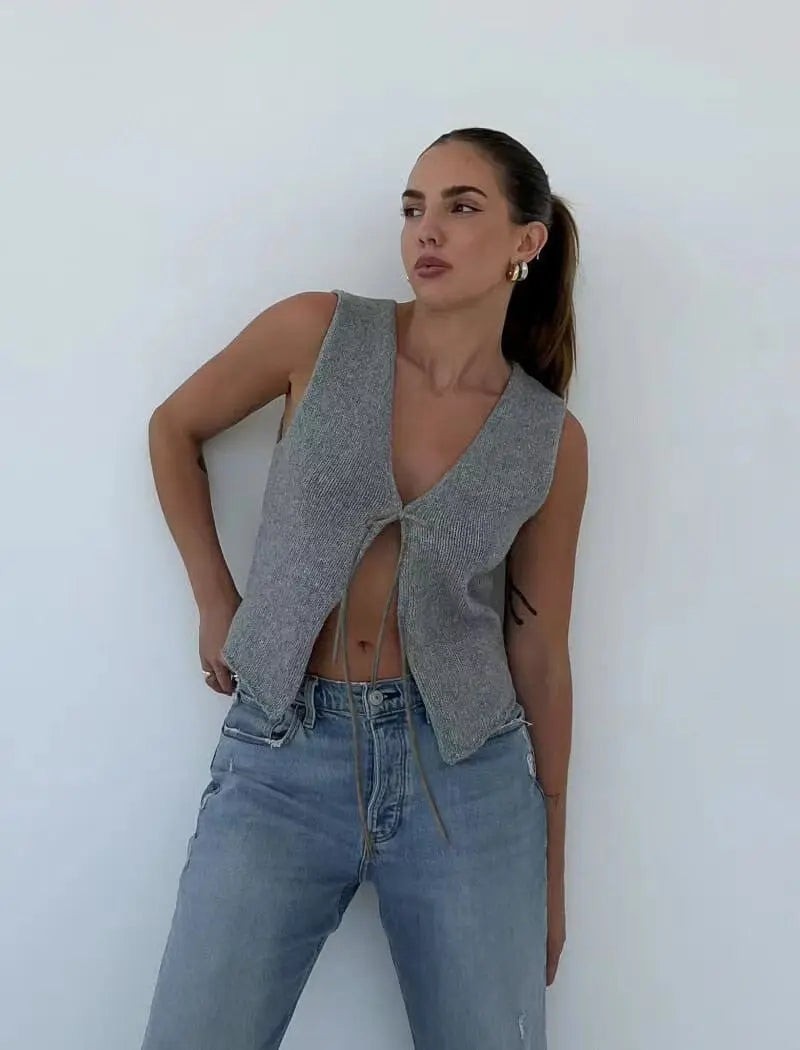 Nsauye 2024 Fashion Summer Y2K Crop Tops Women Knitted Sleeveless Cardigans Tops Outer Wear Sexy Club Lace Up Vest Tank Tops