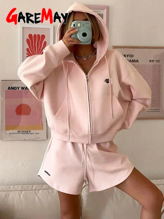 Spring Women's Summer Suit with Shorts Cotton Oversize Pink Top and Shorts Set Two-piece Casual Tracksuit with Shorts for Women