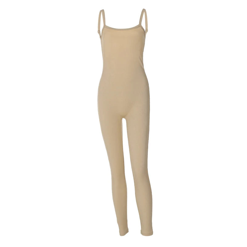 Hugcitar 2024 Fashion Ribbed Solid Slips Backless Sexy Skinny One Piece Jumpsuit Women Y2K Romper Vacation Sport Overalls