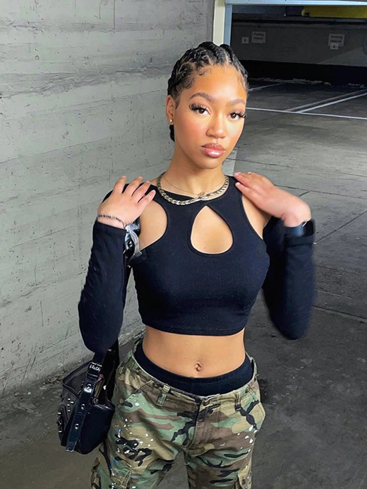 2023 Summer Long Sleeve Cropped Women Top Sexy Aesthetic Club O Neck Fairy Grunge Black Women's top