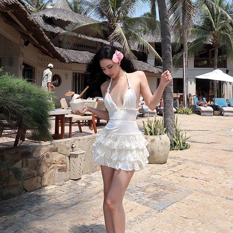 WhereMery Korean Style Sexy Beach V-neck Dress Summer Y2K Charming Backless Handling Neck Dress Swimming Pool Party Mini Dresses