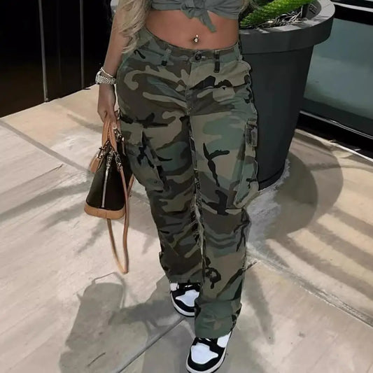 Women's Camo Print Cargo Pants High Waist Wide Leg Baggy Streetwear Casual Camouflage Military Trousers with Pockets