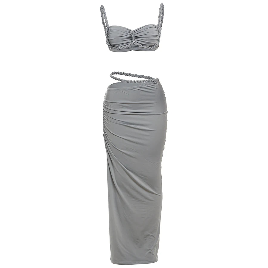 Weird Puss Square Collar 2 Piece Set Women Bra+Skinny Long Skirts Bandage Ruched 2025 Summer Vacation Beach Party Trend Suits