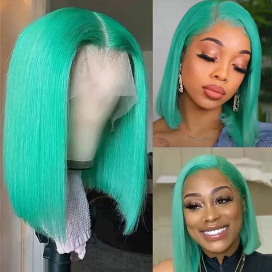 Mint Green Colored Short Bob Straight 13x4 Lace Frontal Wigs Human Hair Wigs Brazilian Remy 100% Human Hair Wig For Women