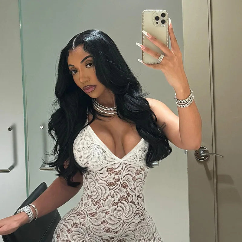 CM.YAYA Fashion Women Spaghetti Strap V-neck Backless Lace See Though Jumpsuits Sexy Club Party Outfits One Piece Suit Rompers