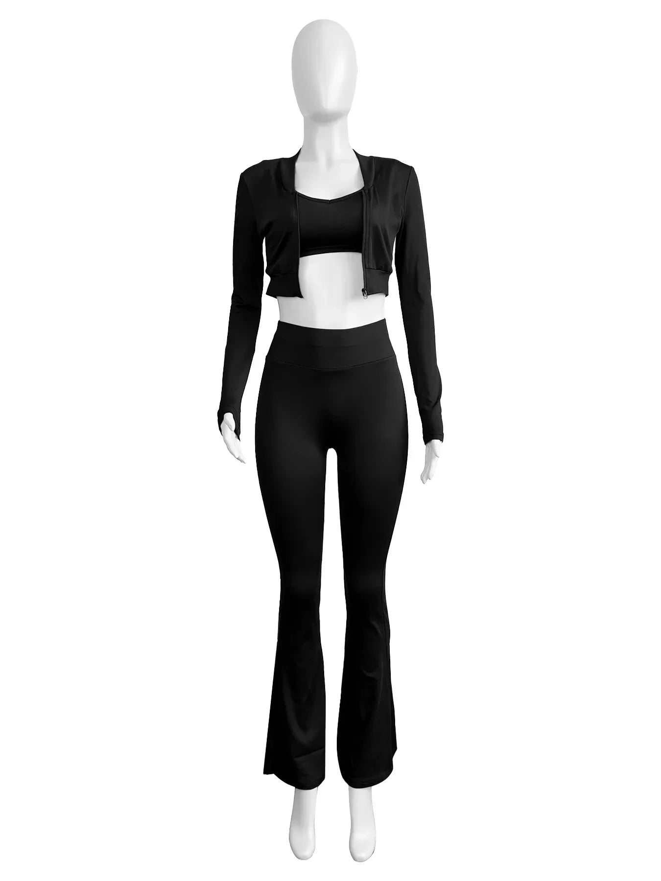 HLJ&GG Casual Solid Bodycon 3 Piece Sets Outfit Women Slim Crop Tops + High Waist Flare Pants Long Sleeves Coats Tracksuits 2024
