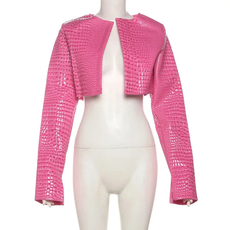 HLJ&GG Fashion Y2K Leather Snake Jacket Coat Three Piece Sets Women Lapel Long Sleeve Crop Top+Shorts Outfits Trend Streetwear