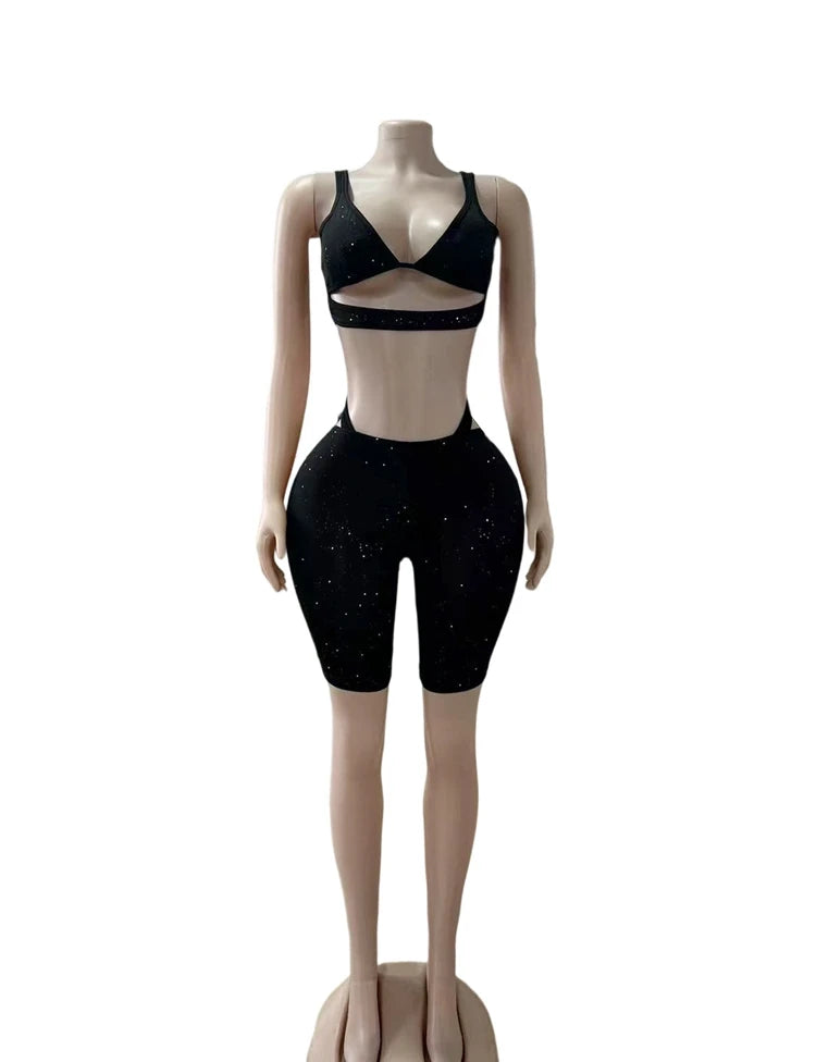 STYLISH LADY Black Sparkly 2 Piece Set Women Spaghetti Strap Crop Top and Shorts Suits 2025 Summer Hollow Out Club Party Outfits