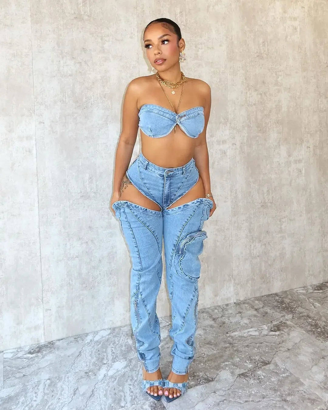 HLJ&GG Sexy jeans, Sleveless Hollow Out 2 Piece Sets Outfit Women Bikini Tops And Cargo Jean Pants Suits 2025 Cowboy Streetwear