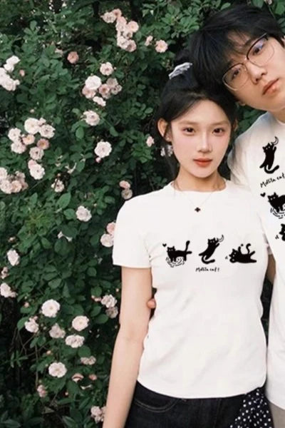 2025 New Design Cute Cats Couple Set Graphic T-shirt Summer Fashion Streetwear Cotton Tee Causal Fit Hot Selling