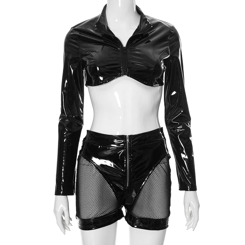 Weird Puss PU Patchwork Sexy 2 Piece Set Women Autumn Hipster Full Zip Crop Jacket+Shorts Matching Clubwear Midnight Outfits