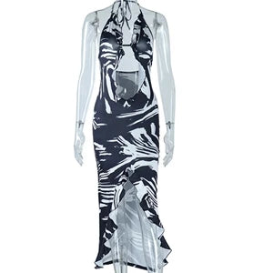 STYLISH LADY Black White Striped Printed Dress 2025 Summer Women Halter Backless Bodycon Sexy Club Party Split Long Dresses