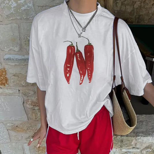 STYLISH LADY Chili Printed T Shirts 2025 Summer Women Short Sleeve O Neck Casual Loose White Streetwear Tops Tees