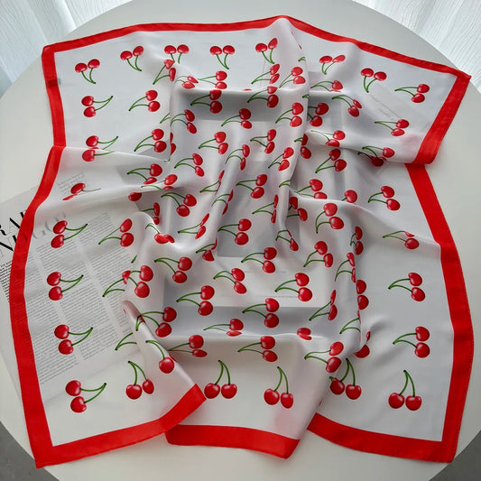 Luxury Square Satin Scarf Women Cute Fruit Cherry Pattern Shawls and Wraps Fashion Small Bag Scarves Hair Tie Bandanas 70*70Cm